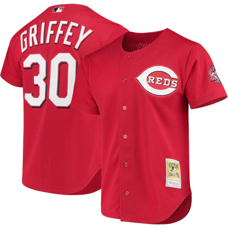 Ken Griffey Jr. Cincinnati Reds Cooperstown Collection Mesh Batting Practice Button-Up Jersey - Red