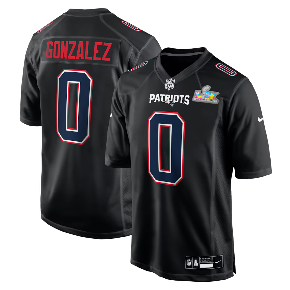 Christian Gonzalez New England Patriots Super Bowl LX Patch Jersey - Carbon Black